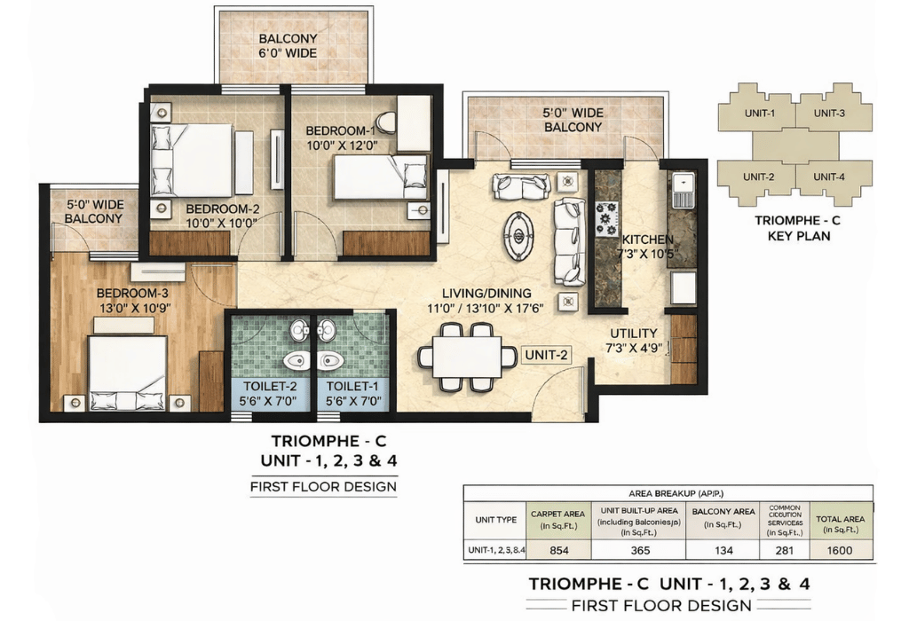 Type A &mdash; 4 BHK + Store + Servant, Versailles Tower, 2875 sq.ft.