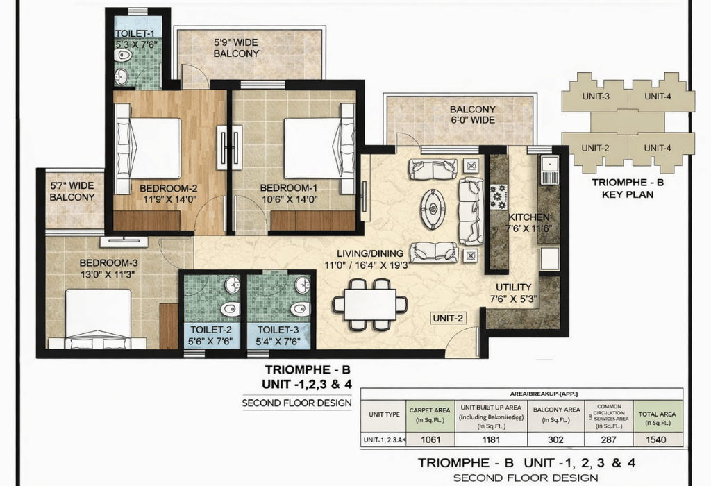 Type B &mdash; 3 BHK + Store + Servant, Triomphe Tower A, 2145 sq.ft.