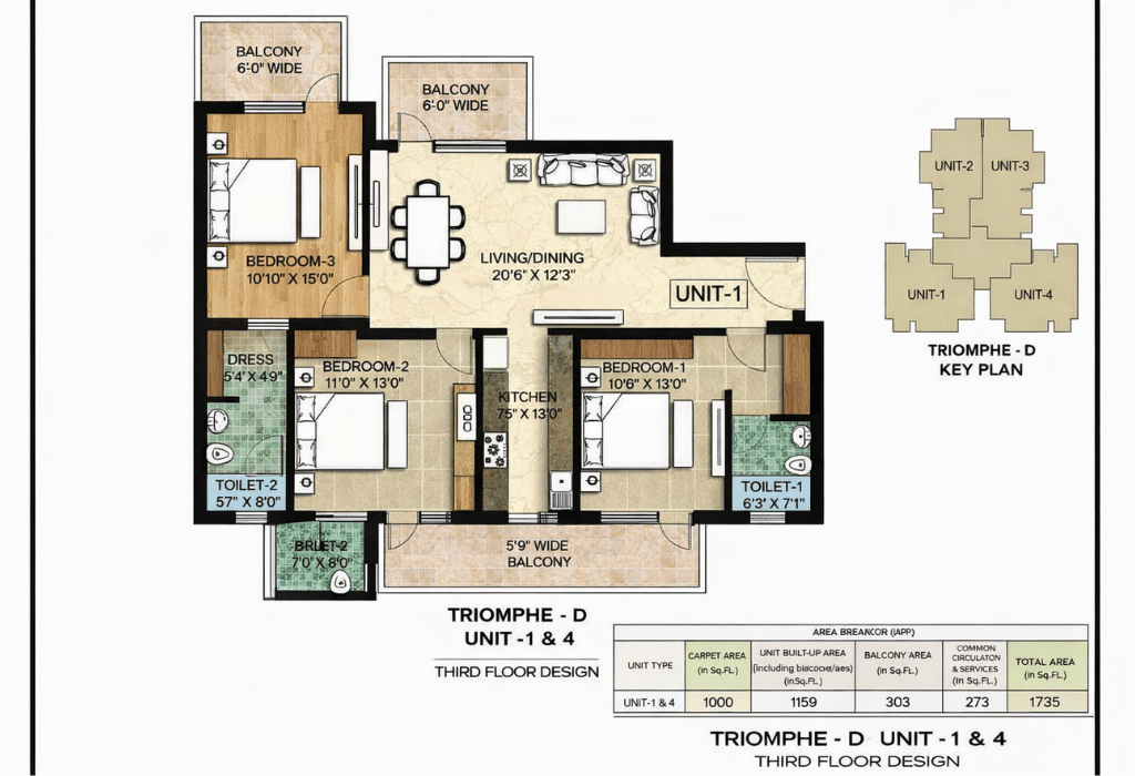 Type C &mdash; 3 BHK + Store, Triomphe Tower D, 1740 sq.ft.