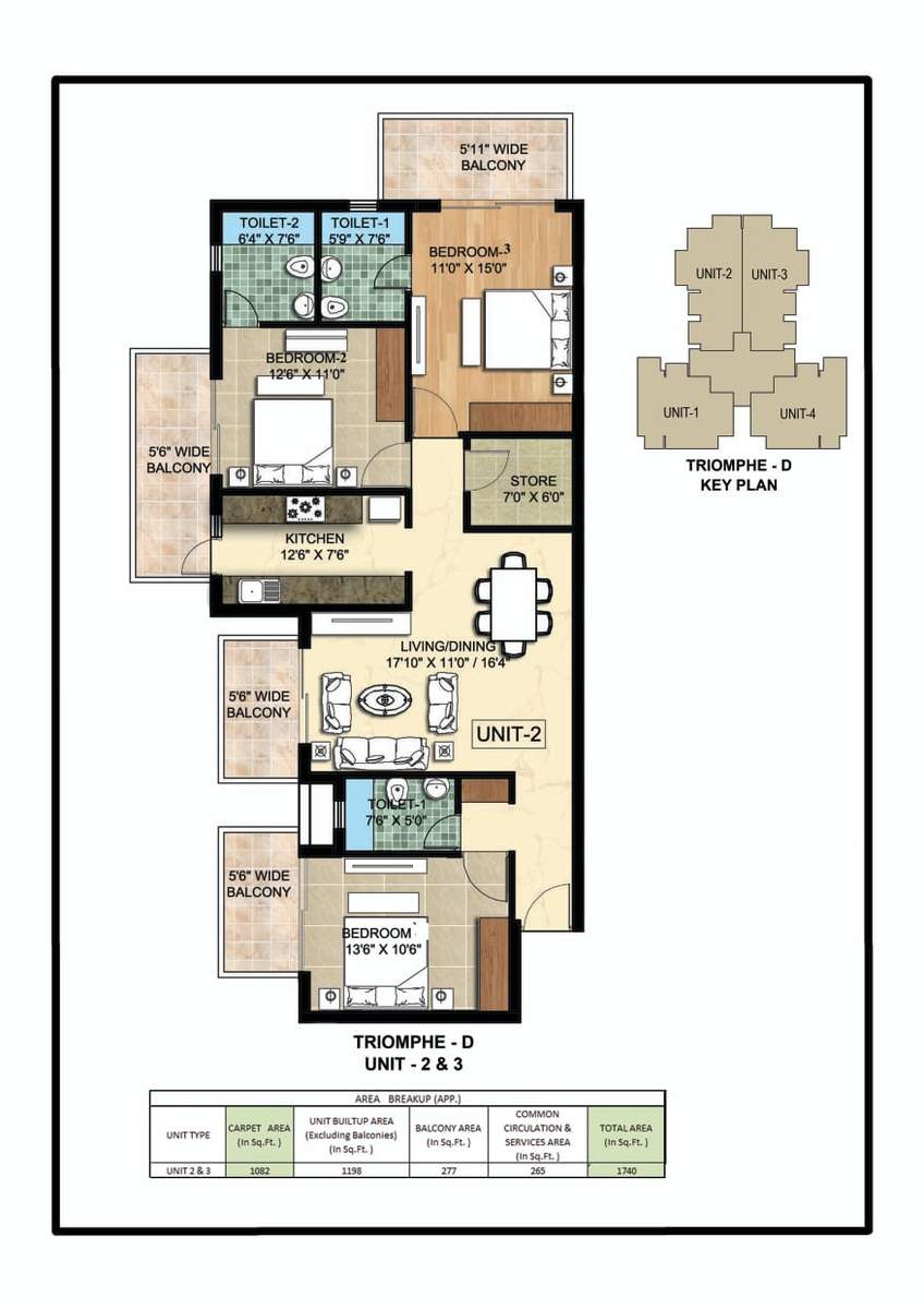 Type D &mdash; 3 BHK, Triomphe Tower A & D, 1725 sq.ft.